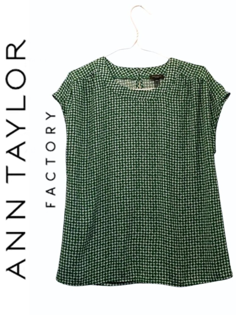 Ann Taylor Green Geometric Print Cap Keyhole Back Sleeve Blouse Top SZ